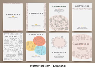 Corporate identity vector templates set with doodles jurisprudence theme
