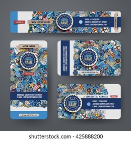 Corporate Identity vector templates set design with doodles hand drawn maritime theme. Colorful banner, id cards, flayer design. Templates set