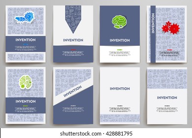 Corporate identity vector templates set with doodles invention theme