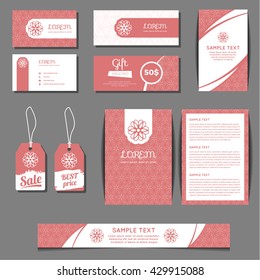 Corporate identity vector templates set with freehand floral logo. Business cards, sale tags, banners, gift coupons layouts