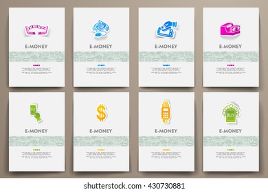 Corporate identity vector templates set with doodles e-money theme