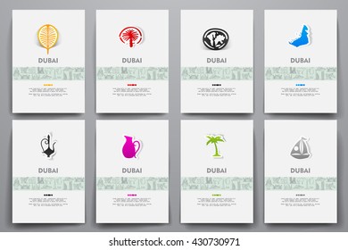 Corporate identity vector templates set with doodles Dubai theme