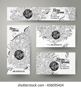 Corporate Identity vector templates set design with doodles hand drawn ice cream theme. Line art banner, id cards, flayer design. Templates set