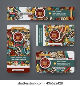 Corporate Identity vector templates set design with doodles hand drawn cinema theme. Colorful banner, id cards, flayer design. Templates set