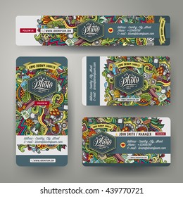 Corporate Identity vector templates set design with doodles hand drawn photo theme. Colorful banner, id cards, flayer design. Templates set