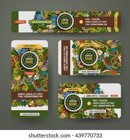 Corporate Identity vector templates set design with doodles hand drawn tea theme. Colorful banner, id cards, flayer design. Templates set