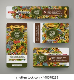 Corporate Identity vector templates set design with doodles hand drawn picnic theme. Colorful banner, id cards, flayer design. Templates set