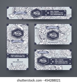 Corporate Identity vector templates set design with doodles hand drawn musical theme. Line art banner, id cards, flyer design. Templates set