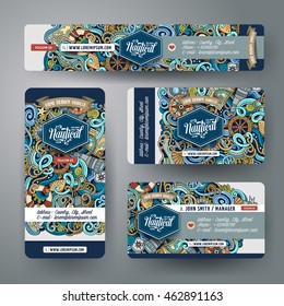 Corporate Identity vector templates set design with doodles hand drawn nautical theme. Colorful, id cards, flayer design. Templates set