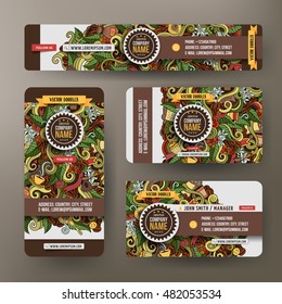 Corporate Identity vector templates set design with doodles hand drawn Coffee theme. Colorful banner, id cards, flayer design. Templates set
