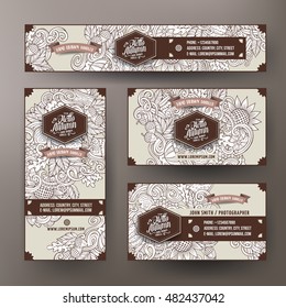 Corporate Identity vector templates set design with doodles hand drawn Autumn theme. Colorful banner, id cards, flayer design. Templates set