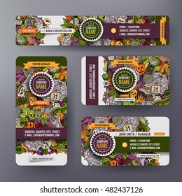 Corporate Identity vector templates set design with doodles hand drawn Halloween theme. Colorful banner, id cards, flayer design. Templates set