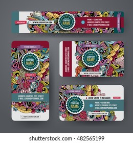 Corporate Identity vector templates set design with doodles hand drawn hand made theme. Colorful banner, id cards, flayer design. Templates set