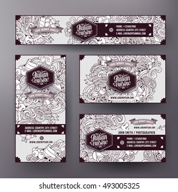 Corporate Identity vector templates set design with doodles hand drawn Italian food theme. Line art banner, id cards, flayer design. Templates set