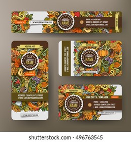 Corporate Identity vector templates set design with doodles hand drawn Thanksgiving theme. Colorful banner, id cards, flyer design. Templates set