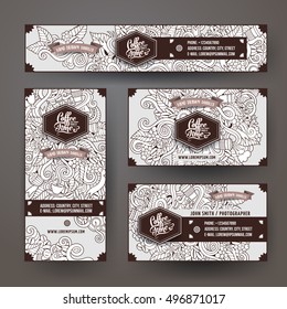 Corporate Identity vector templates set design with doodles hand drawn Coffee theme. Colorful banner, id cards, flayer design. Templates set