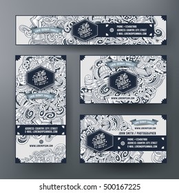Corporate Identity vector templates set design with doodles hand drawn Winter theme. Line art banner, id cards, flayer design. Templates set