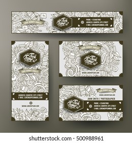 Corporate Identity vector templates set design with doodles hand drawn tea theme. Line art banner, id cards, flayer design