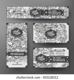 Corporate Identity vector templates set design with doodles hand drawn Social media theme. Line art banner, id cards, flayer design