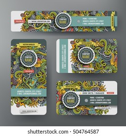 Corporate Identity vector templates set design with doodles hand drawn electric cars theme. Colorful banner, id cards, flayer design. Templates set