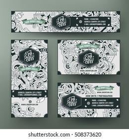 Corporate Identity vector templates set design with doodles hand drawn electric cars theme. Line art banner, id cards, flayer design. Templates set