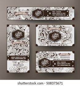 Corporate Identity vector templates set design with doodles hand drawn Hairdresser theme. Line art banner, id cards, flayer design. Templates set