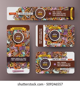 Corporate Identity vector templates set design with doodles hand drawn Hairdresser theme. Colorful banner, id cards, flayer design. Templates set