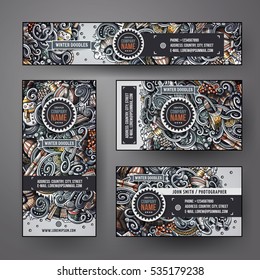 Corporate Identity vector templates set design with doodles hand drawn Winter theme. Colorful banner, id cards, flayer design. Templates set