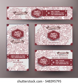 Corporate Identity vector templates set design with doodles hand drawn Love theme. Line art banner, id cards, flayer design. Templates set