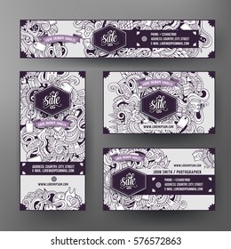 Corporate Identity vector templates set design with doodles hand drawn Sale theme. Line art banner, id cards, flayer design. Templates set