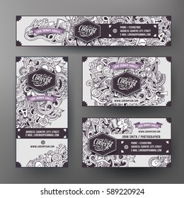 Corporate Identity vector templates set design with doodles hand drawn Idea theme. Line art banner, id cards, flayer design. Templates set