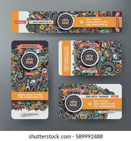 Corporate Identity vector templates set design with doodles hand drawn Automobile theme. Colorful banner, id cards, flayer design. Templates set