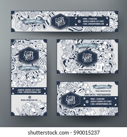 Corporate Identity vector templates set design with doodles hand drawn Sport theme. Line art banner, id cards, flayer design. Templates set