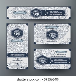 Corporate Identity vector templates set design with doodles hand drawn Medical theme. Sketchy banner, id cards, flayer design. Templates set