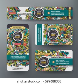 Corporate Identity vector templates set design with doodles hand drawn Medical theme. Colorful banner, id cards, flayer design. Templates set