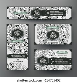 Corporate Identity vector templates set design with doodles hand drawn Automobile theme. Line art banner, id cards, flyer design. Templates set