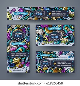 Corporate Identity vector templates set design with doodles hand drawn Underwater life theme. Colorful banner, id cards, flayer design. Templates set