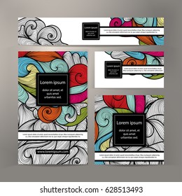 Corporate Identity vector templates set design with abstract vivid detailed waves and lines. Colorful banner, id cards, flyer design. Templates set