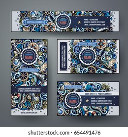 Corporate Identity vector templates set design with doodles hand drawn nautical theme. Colorful, id cards, flayer design. Templates set