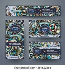 Corporate Identity vector templates set design with doodles hand drawn nautical theme. Colorful, id cards, flayer design. Templates set