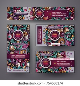Corporate Identity vector templates set design with doodles hand drawn Birthday theme. Colorful banner, id cards, flayer design. Templates set