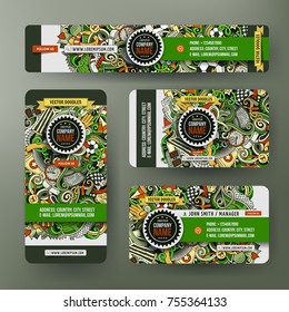 Corporate Identity vector templates set design with doodles hand drawn Soccer theme. Colorful banner, id cards, flayer design. Templates set