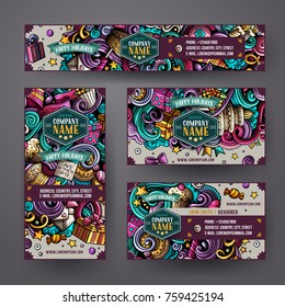 Corporate Identity vector templates set design with doodles hand drawn Birthday theme. Colorful banner, id cards, flayer design. Templates set