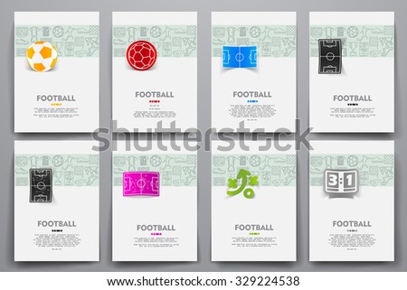 Corporate identity vector templates set with doodles football theme. Target marketing concept