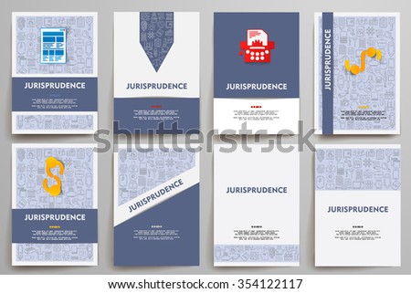 Corporate identity vector templates set with doodles jurisprudence theme. Target marketing concept