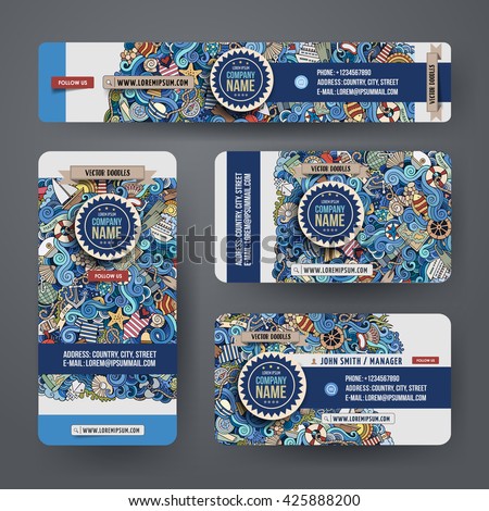 Corporate Identity vector templates set design with doodles hand drawn maritime theme. Colorful banner, id cards, flayer design. Templates set
