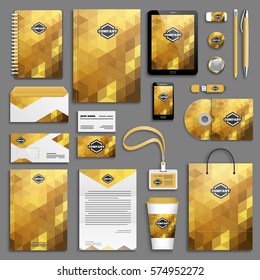 Corporate identity yellow, gold template set. Business stationery mock-up with logo. Branding design. Colorful geometric background.