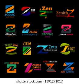 Corporate identity Z icons and business company letter symbols. Tailor shop, gift store or medical group and technology system, zumba sport dance school or construction industry and travel agency