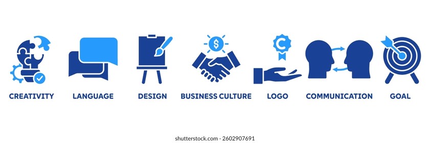 Corporate identiy icon set illustration concept with icon of creativity, language, design, business culture, logo, communication and goals