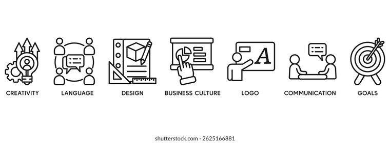 El concepto de Ilustración vectorial del conjunto de iconos de identidad Corporativa se relaciona con la creatividad, el lenguaje, el diseño, la cultura empresarial, el logotipo, la comunicación y los objetivos